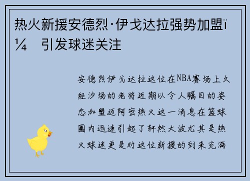 热火新援安德烈·伊戈达拉强势加盟，引发球迷关注