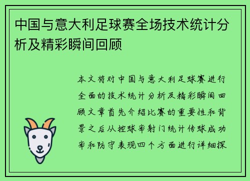 中国与意大利足球赛全场技术统计分析及精彩瞬间回顾
